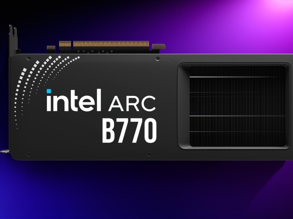 Intel Arc B770 graphics card render with purple background
